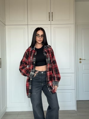 Cămașa Izabel, tip oversized carouri roșu-negru, look urban-chic - Img 4