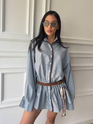 Cămașă-rochie NATALI, cu croială oversized, talie evidențiată și imprimeu în dungi