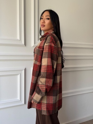 Cămașă VALENTINA în carouri maro și roșu, oversized, cu croială lejeră și design modern - Img 2