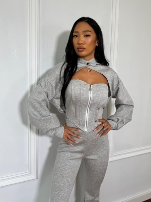 Compleu 3 piese, cu bustiera tip corset si hanorac scurt, NYXIE gri - Img 2