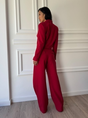 Compleu ARIANNA din stofă, două piese, roșu intens, sacou cambrat și pantaloni largi - Img 2