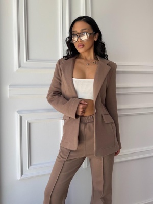 Compleu cappuccino VIVIAN, din bumbac premium, sacou elegant și pantaloni evazați - Img 2