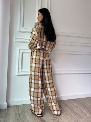 Compleu casual CARMEL, cămașă scurtă și pantaloni largi în carouri bej-camel - Img 2