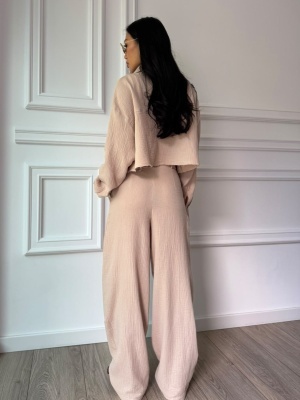 Compleu din muselină SANTORINI LOVE, cămașă scurtă și pantaloni largi nude rose - Img 2