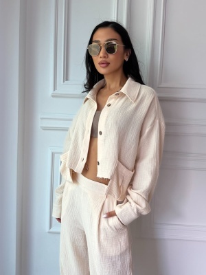 Compleu din muselină SANTORINI LOVE, cămașă scurtă și pantaloni largi bej vanilie - Img 3