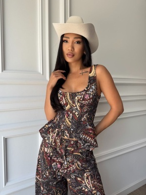 Compleu ISABELLA, cu imprimeu paisley, top cambrat și pantaloni palazzo cu croială elegantă - Img 3