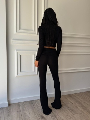 Compleu KAIA, negru, din vâscoză cu bumbac și elastan, cu top cropped și pantaloni evazați - Img 4