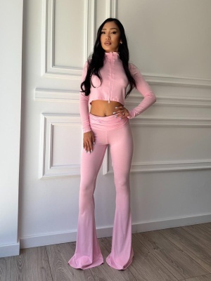 Compleu KAIA, roz, din vâscoză cu bumbac și elastan, cu top cropped și pantaloni evazați - Img 3