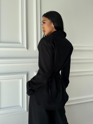 Compleu KALYSSA din material fluid, 2 piese, cămașă și pantaloni tip oversized negru - Img 2