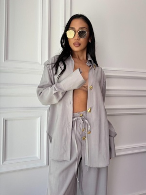 Compleu lung, 2 piese, cămașă și pantaloni largi din cupro ELARA BELLE gri - Img 5