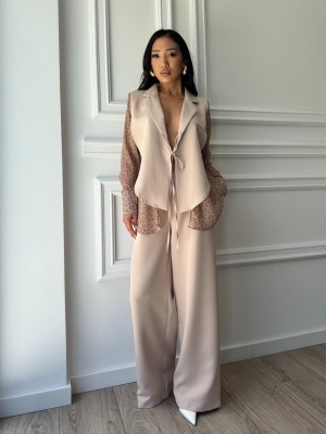 Compleu lung, 2 piese, cămașă și pantaloni tip oversize AURORA FLOW bej - Img 7
