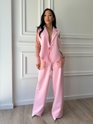Compleu lung, 2 piese, cămașă și pantaloni tip oversize ROSE BLOOM roz - Img 4