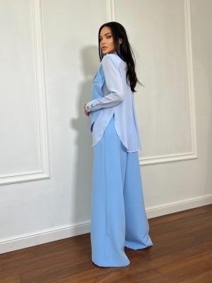 Compleu lung, 2 piese, cămașă și pantaloni tip oversize SUNSHINE FLOW albastru - Img 2