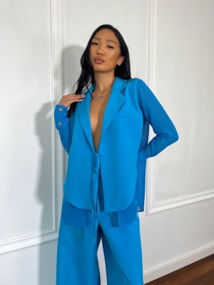 Compleu lung, 2 piese, cămașă și pantaloni tip oversize SUNSHINE FLOW albastru electric - Img 3