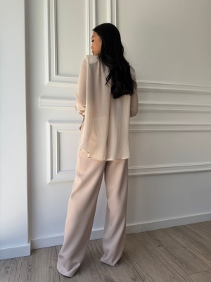 Compleu lung, 2 piese, cămașă și pantaloni tip oversize SUNSHINE FLOW bej - Img 2