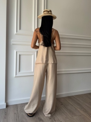 Compleu MELISSA, bej, top cu bretele și pantaloni palazzo, cu croială fluidă - Img 3