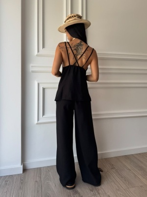 Compleu MELISSA, negru, top cu bretele și pantaloni palazzo, cu croială fluidă - Img 3
