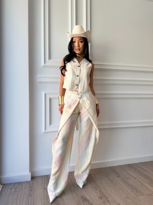 Compleu PASTEL MIRAGE, ivoire cu dungi, două piese, vestă și pantaloni
