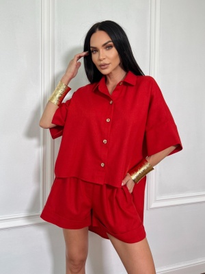 Compleu scurt, din in, 2 piese, camasa tip oversize ANTONELLA rosu