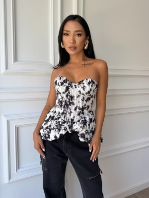 Corset AZALEA, alb cu negru, cu imprimeu floral și buline, cupe structurate și croială peplum