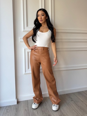 Pantaloni din piele eco KAREN, cu talie înaltă și croiala elegantă - Img 3