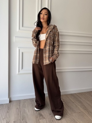 Pantaloni LYSANDRA wide leg, maro, cu croială lejeră și cusături decorative - Img 3
