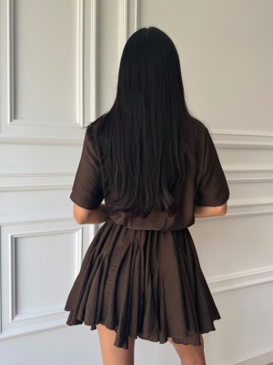 Rochie HELENA, mocha, cu croială lejeră, talie evidențiată și fustă amplă - Img 2