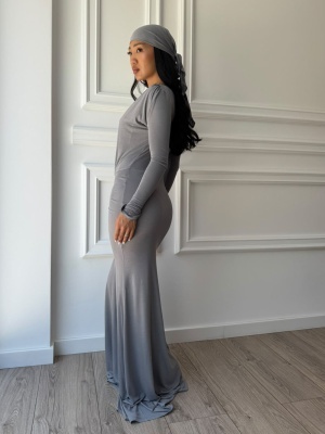 Rochie NOIRA, gri, maxi, cu decolteu adânc și croială mulată - Img 4