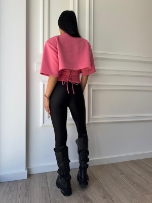 Tricou chic BRIGITA, corai,croială asimetrică și talie evidențiată, cu șnur reglabil la spate - Img 6