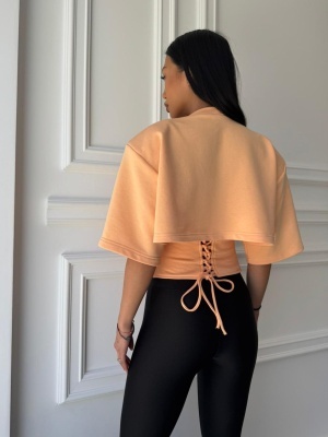 Tricou chic BRIGITA, soft peach, croială asimetrică și talie evidențiată, cu șnur reglabil la spate - Img 2