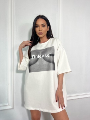 Tricou cu imprimeu tip oversize RELEASE alb