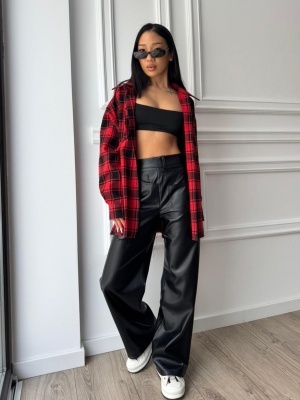 Cămașă casual ONDARA, cu mâneci lungi, ușor oversized, negru-rosu în carouri - Img 3