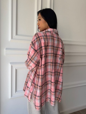 Cămașă JANIN în carouri roz, oversized, cu croială lejeră și modernă - Img 2