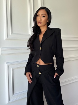 Compleu ARIANNA din stofă, două piese, negru intens, sacou cambrat și pantaloni largi - Img 4