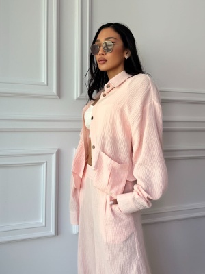 Compleu din muselină SANTORINI LOVE, cămașă scurtă și pantaloni largi roz pudrat - Img 3