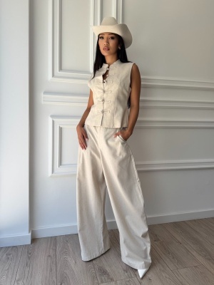 Compleu DORA, bej, cu vestă fără mâneci și pantaloni cu croială amplă