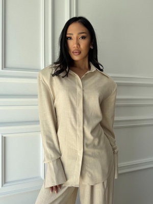 Compleu KALYSSA din material fluid, 2 piese, cămașă și pantaloni tip oversized crem - Img 4