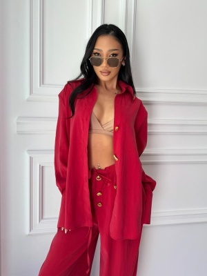 Compleu lung, 2 piese, cămașă și pantaloni largi din cupro ELARA BELLE rosu - Img 3