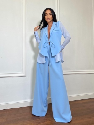 Compleu lung, 2 piese, cămașă și pantaloni tip oversize SUNSHINE FLOW albastru - Img 1