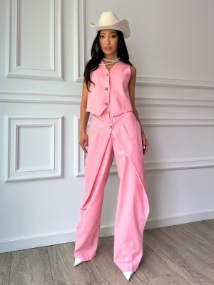 Compleu MARIVELLE, din in, două piese, roz, vestă și pantaloni largi cu detaliu petrecut