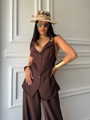 Compleu MELISSA, mocha, top cu bretele și pantaloni palazzo, cu croială fluidă - Img 5