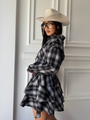 Compleu NATALIA, gri cu negru și alb, cu cămașă în carouri și fustă scurtă în volane - Img 4