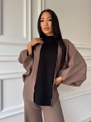 Compleu PATRICIA din două piese, maro, cu cardigan cu mâneci ample și pantaloni lungi - Img 3