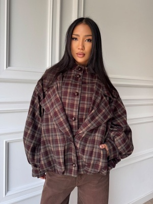 Jachetă WENDY, în carouri bordo și maro, cu croială oversized și guler amplu - Img 3
