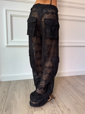 Pantaloni LEONIE, negri, din dantelă croșetată cu buzunare cargo - Img 3