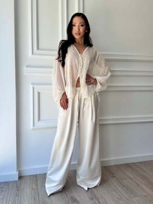 Pantaloni palazzo crem din satin
