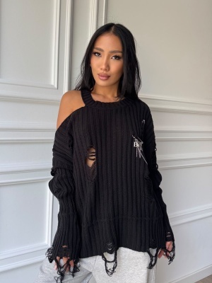 Pulover AMELINE tricotat cu efect distressed, negru, croială oversized și design asimetric