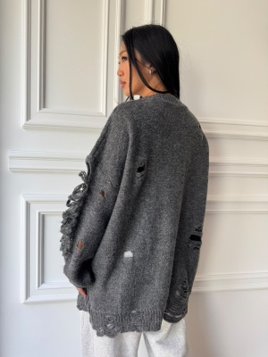 Pulover EVELINA tricotat cu efect distressed, gri, croială oversized și detalii decorative - Img 2