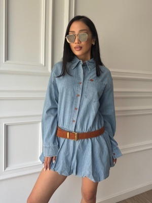 Rochie denim ALESSIA, cu croială lejeră, talie evidențiată și fustă amplă