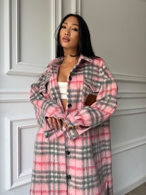 Trench VIVIANA în carouri, accente roz, cu croială lungă și design oversized - Img 4